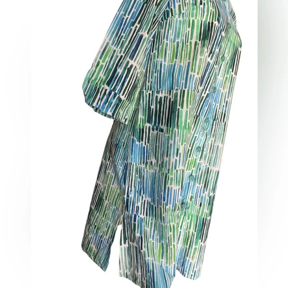 KARVINEN FINLAND button down shirt tunic mini dress green blue white abstract - Picture 5 of 11
